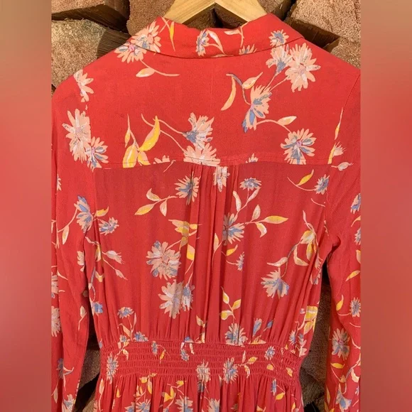 Free People Women’s XS Prairie Western Red Floral Dress Boho Puff Sleeve Peasant - Picture 8 of 12